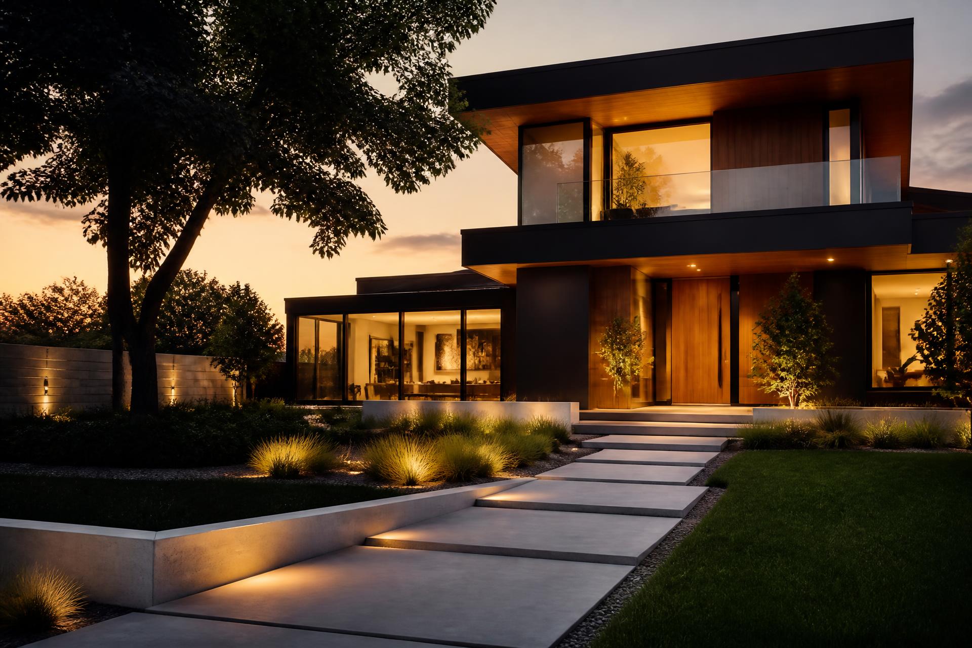 Modern luxury home at twilight with warm interior lighting
